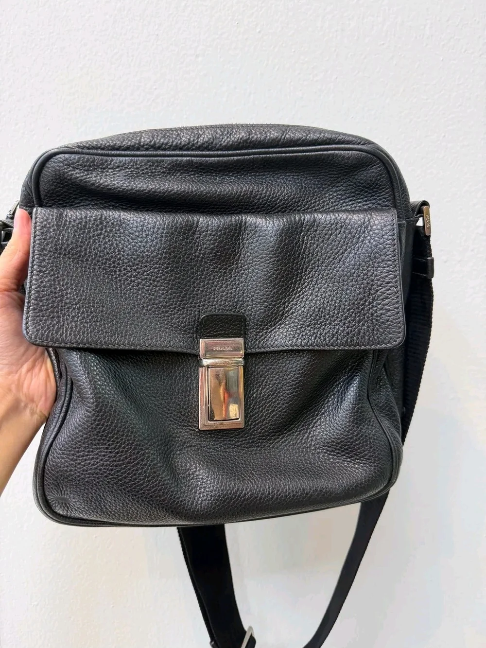 Prada Black Pebbled Leather Messenger Bag with Silver Hardware